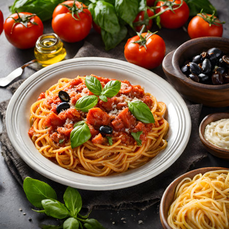 Spaghetti with tomato sauce, olives and basil. Italian foodの素材