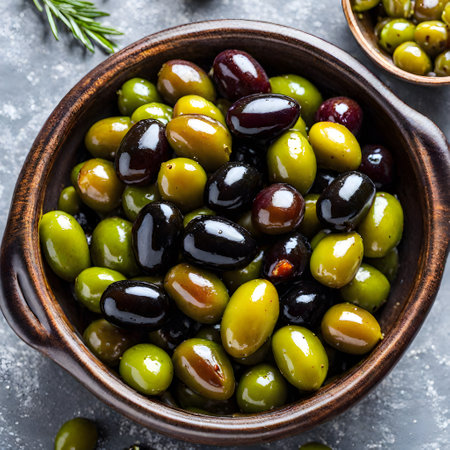 Green and black olives with rosemary. Selective focus.の素材