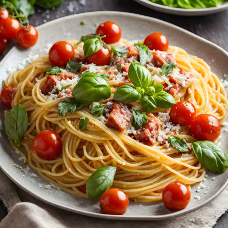 Spaghetti pasta with tomato sauce, parmesan cheese and basilの素材