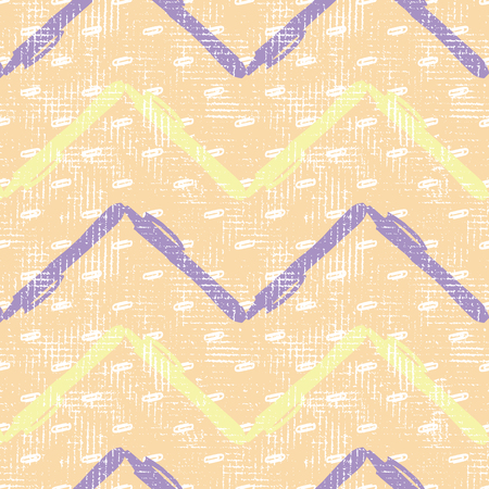 Pastel pens and paperclips seamless repeat pattern background arranged in chevrons with canvas texture on top. Perfect for stationery, packaging, wrapping paper, textile and scrap booking.のイラスト素材
