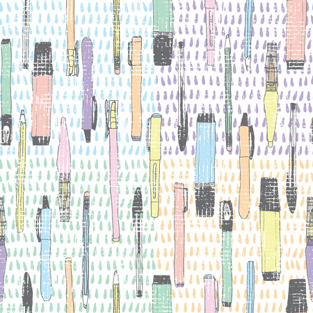 Pastel back to school stationery seamless repeat pattern with hand drawn drops in the background  in colorful squares and distressed texture on top. Perfect for stationery, packaging, fabric.のイラスト素材