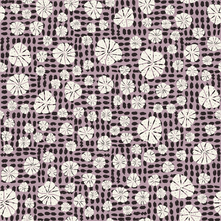 Vector seamless purple and cream abstract stylized round leaves with hand_drawn checkers background pattern. Perfect for fabric, home decor, apparel and accessories, gift wrap, stationeryのイラスト素材