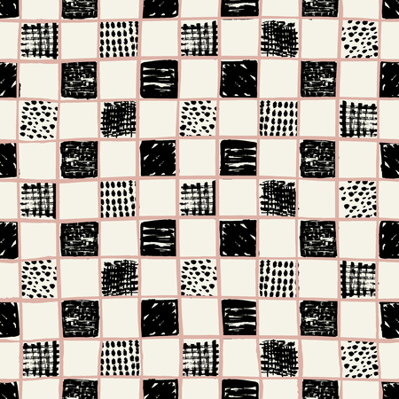 Vector hand drawn checkers pattern with doodle squares. Perfect for fabric, apparel and accessories, home decor, stationery, packaging, gift wrapのイラスト素材