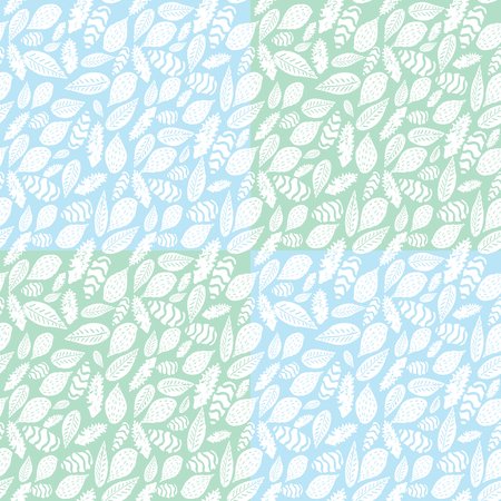 Vector abstract checkered leaf seamless repeat pattern background with green and blue squares. Perfect for fabric, home decor, stationery, backdrops.のイラスト素材