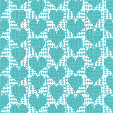 Vector hand drawn blue hearts with hand drawn checkers texture on top seamless repeat pattern background. Perfect for textile, paper, stationery, occasions, backdrops, home decor and furnishings.のイラスト素材