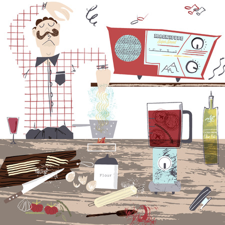 Retro vintage illustratrion of a man making fresh pasta at home while listening to music and singing. Fully editable vector formatのイラスト素材