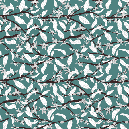 Cacao tree branches in bloom seamless pattern background. Great for fabric, packaging, home decor, wallpaper and more.のイラスト素材