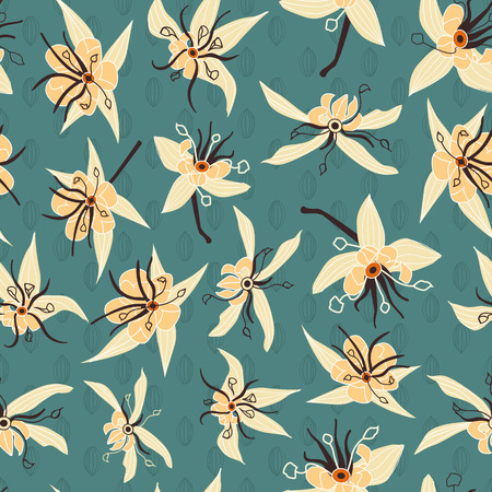 Exotic cacao tree flowers on lineart cocoa pods seamless vector pattern background. Great for fabric, packaging, home decor, wallpaper and more.のイラスト素材