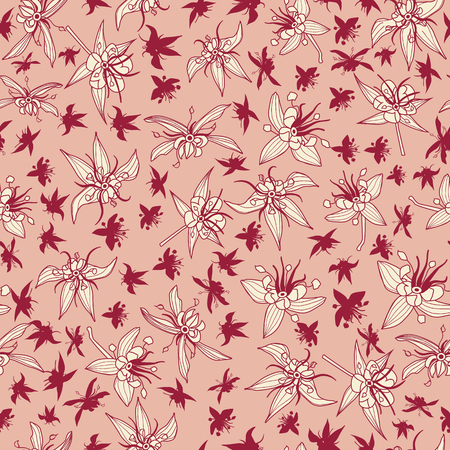 Pink cocoa flowers and silhouettes seamless vector pattern background. Great for fabric, packaging, home decor, wallpaper and more.のイラスト素材