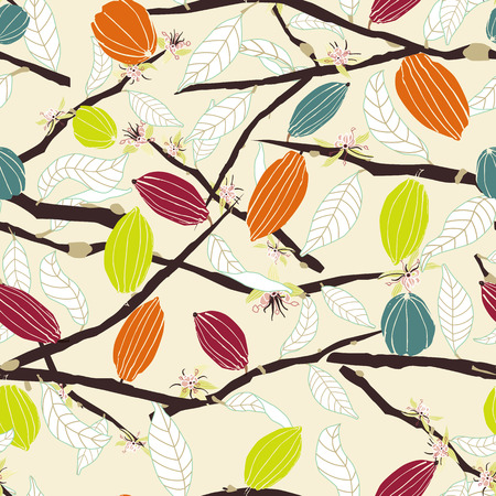 Cacao tree branches bearing pods seamless vector pattern background. Great for fabric, packaging, paper, stationery, home decor, wallpaper and more.のイラスト素材