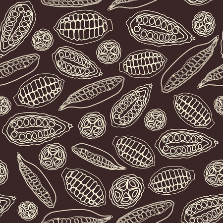 Cacao pods seamless repeat pattern background in a retro illustration style. Ideal for fabric, home decor, apparel and accessories, wallpaper, packaging and other paper goods.のイラスト素材