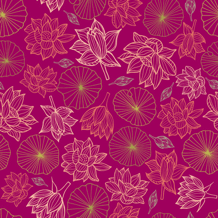Waterlilies or lotus flowers and leaves seamless pattern background texture in a modern colorful style. Vector. Ideal for home decor, fabric, paper goods, packaging.のイラスト素材