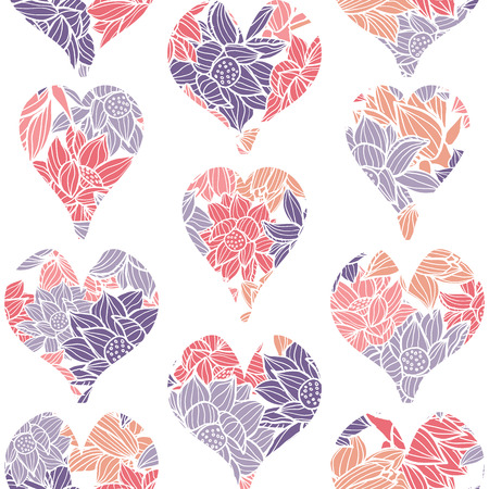 Geometric seamless pattern of hearts embellished with a colorful floral pattern of waterlilies. Great for fabric, templates, cards, paper goods and more.のイラスト素材