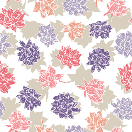 Waterlilies or lotus flowers with their shadow shapes seamless pattern background texture in a modern colorful style. Vector. Ideal for home decor, fabric, paper goods, packaging.のイラスト素材