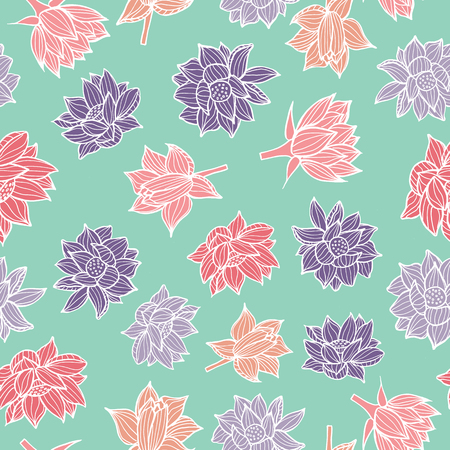 Pink and purple waterlilies or lotus flowers on aqua blue seamless pattern background texture in a modern colorful style. Vector. Ideal for home decor, fabric, paper goods, packaging.のイラスト素材