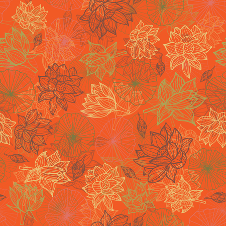 Overlapping waterlilies or lotus flowers and leaves in a pond seamless pattern background texture in a modern colorful style. Vector. Ideal for home decor, fabric, paper goods, packaging.のイラスト素材