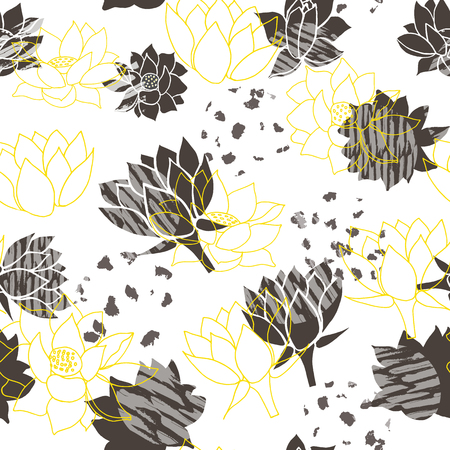 Trendy abstract yellow and grey waterlilies or lotus flower seamless vector pattern background. Ideal for home decor, fabric, paper goods, packaging.のイラスト素材