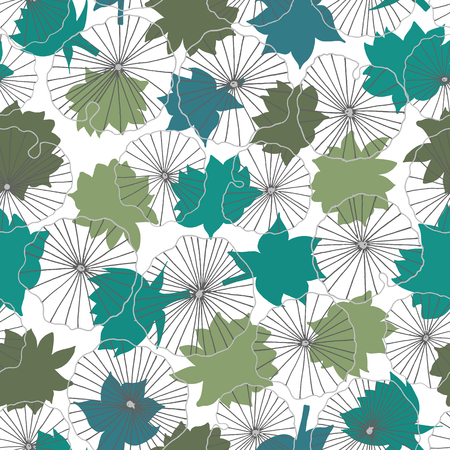 Blue and green waterlilies silhouettes on lineart leaves seamless vector pattern background. Ideal for home decor, fabric, paper goods, packaging.のイラスト素材