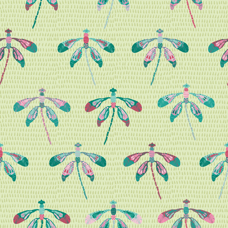 Collection of colorful dragonflies arranged in rows on a drop texture background in a folk art style. Seamless repeat vector pattern. Ideal for home decor, apparel, kids, paper goods, packaging.のイラスト素材
