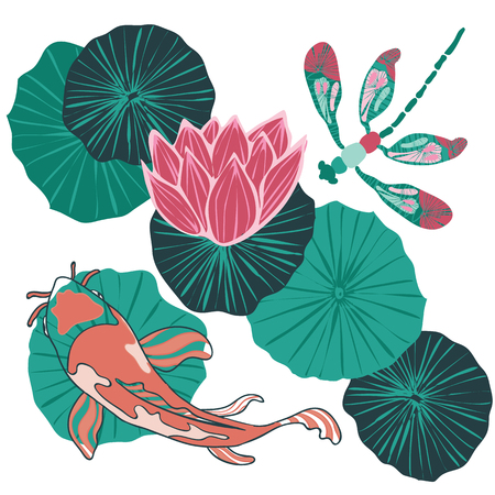 Top view of a Koi fish or Asian carp swimming in a waterlily pond with a dragonfly flying overhead. Vector illustrationのイラスト素材