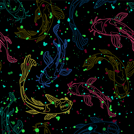 Multicolor line art Koi fish silhouettes covered with splatter texture in a negative photo effect. Seamless vector pattern. Great for fabric, home decor, stationery, fashion accessories.のイラスト素材
