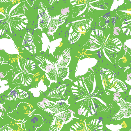 Modern elegant white butterfly silhouettes on abstract brush stroke flowers and spring green background. Seamless vector pattern. Ideal for Valentines day, Mothers day, birthdays, home decor, stationery, fashionのイラスト素材