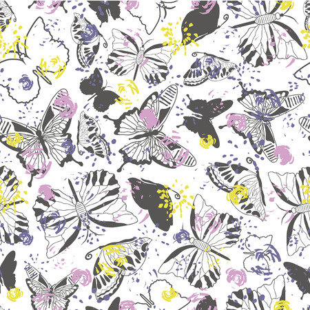 Modern elegant grey butterfly silhouettes on light abstract floral background. Seamless vector pattern. Ideal for Valentines day, Mothers day, birthdays, home decor, stationery, fashionのイラスト素材