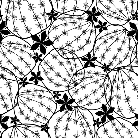 Black on white round blooming cactus hand drawn line art doodle style seamless texture pattern. Vector. Great for textile, home decor, fashion and stationery.のイラスト素材