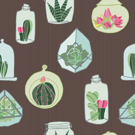 Hand drawn colorful terrarium collection on a brown earth tone striped background. Seamless vector pattern. Great for textile, home decor, fashion and stationery, backdrops, web.のイラスト素材