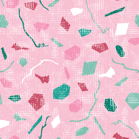 Fun pastel pink white and green large size terrazzo elements with branches and soil debris with a canvas texture on top. Vector seamless pattern. Seamless vector pattern. Great for home decor, fashion and stationery.のイラスト素材