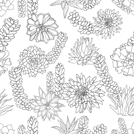 Elegant ink black and white line art succulent plant design or texture in botanical style. Seamless vector pattern. Ideal for fabric, stationery, fashion.のイラスト素材