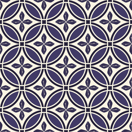 Monochrome dyed effect tribal circular background with flowers inspired by Japanese traditional Shippou designs. Seamless vector pattern.のイラスト素材