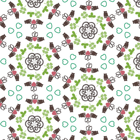 Colorful geometric hexagonal Irish symbols design background with Claddagh ring, spirals, hearts and shamrocks. Ideal for St Patricks day, home decor, fabric, stationery. Vector seamless pattern.のイラスト素材