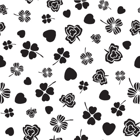 Black and white Irish symbols design with hand drawn shamrocks and hearts. Seamless vector pattern. Ideal for St Patricks day, paper, scrap booking and as illustration element.のイラスト素材