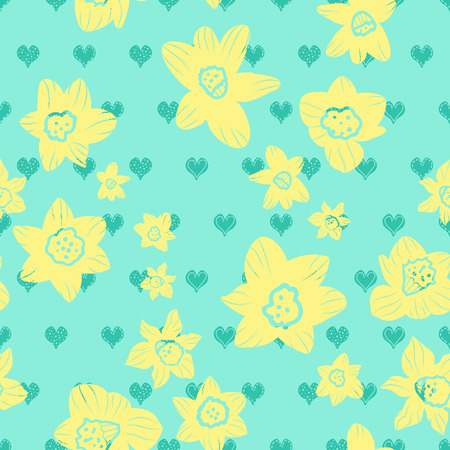 Yellow daffodil heads on blue stylized doodle heart background. Seamless vector pattern. Great for home decor, apparel, stationeryのイラスト素材