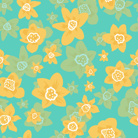 Yellow daffodil heads layered with a transparent effect on a blue background. Seamless vector pattern. Great for home decor, apparel, stationeryのイラスト素材