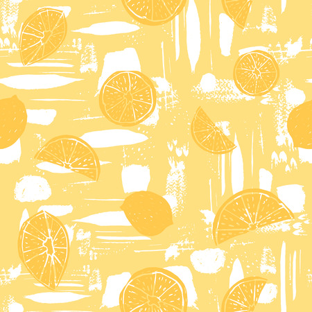 Orange hand drawn citrus fruit silhouettes on distressed brush stroke textured background. Seamless vector pattern. Great for home decor, fabric, stationery, paper goods.のイラスト素材