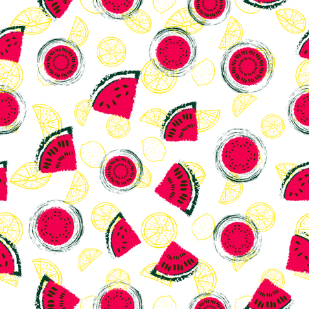 Hand drawn red watermelon slices and yellow lemons seamless pattern vector background in a colorful retro style. Great for fabric, paper, wallpaper and more.のイラスト素材