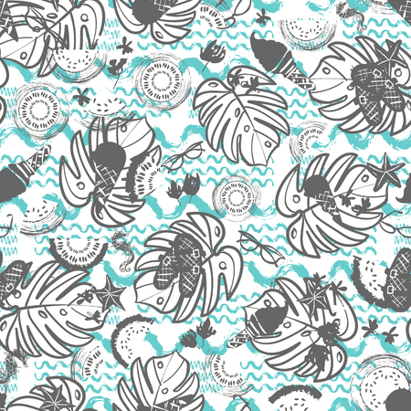 Beach summer vacation seamless vector pattern. White, grey and blue vintage style. Great for textile, fashion, home decor, paper.のイラスト素材