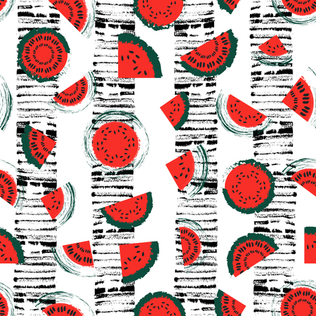 Red and green hand drawn vintage watermelon seamless pattern vector background with distressed stripes. Great for fabric, paper, wallpaper.のイラスト素材