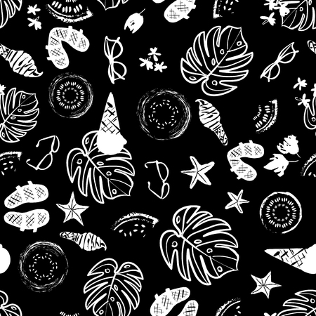 Black and white tropical summer vacation background, vintage retro beach and relaxation seamless vector pattern. with beach elements, fruit and flowers.のイラスト素材