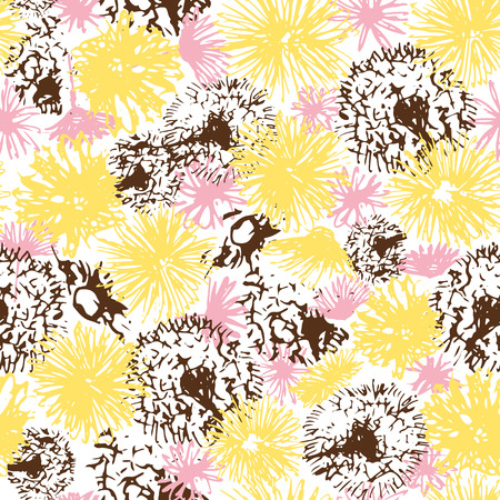 Vector floral dandelions blowballs and daisies seamless pattern texture background. Easter and spring design in a creative retro grunge style.のイラスト素材