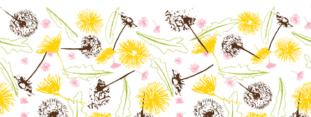 Vector fresh retro floral dandelions blowballs and daisies seamless border. Easter and spring design in a creative retro grunge style.のイラスト素材