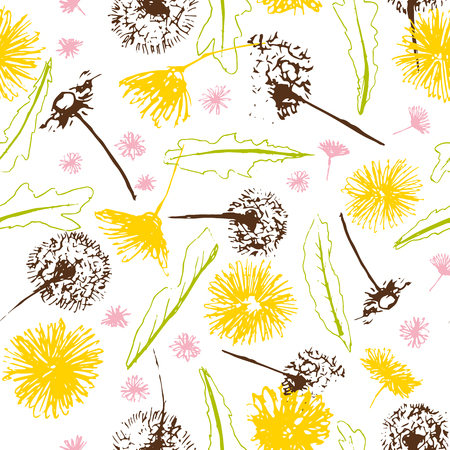 Vector fresh retro floral dandelions blowballs and daisies seamless pattern background. Easter and spring design in a creative retro grunge style.のイラスト素材
