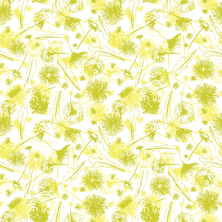 Vector floral dandelions blowballs and daisies seamless pattern texture background. Easter and spring design in a creative retro grunge style.のイラスト素材