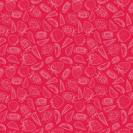 Line art red strawberry seamless pattern background design. Vector summer fruit texture print.のイラスト素材