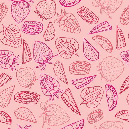 Line art red and pink strawberry seamless pattern background design. Vector summer fruit texture print.のイラスト素材