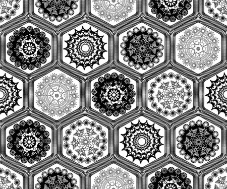 Black and white decorated hexagon doily crochet patchwork seamless pattern background design. Embroidery style vector illustration.のイラスト素材