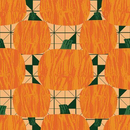 Pumpkins on geometric triangle background seamless pattern design print. Retro style vector illustration.のイラスト素材