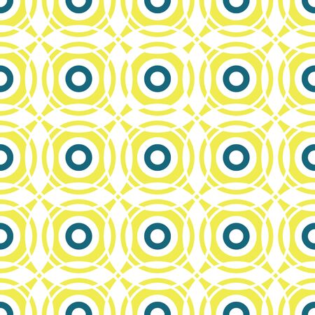 Concentric yellow and blue interconnected circles seamless pattern in a colorful retro geometric style. Vector background print design.のイラスト素材